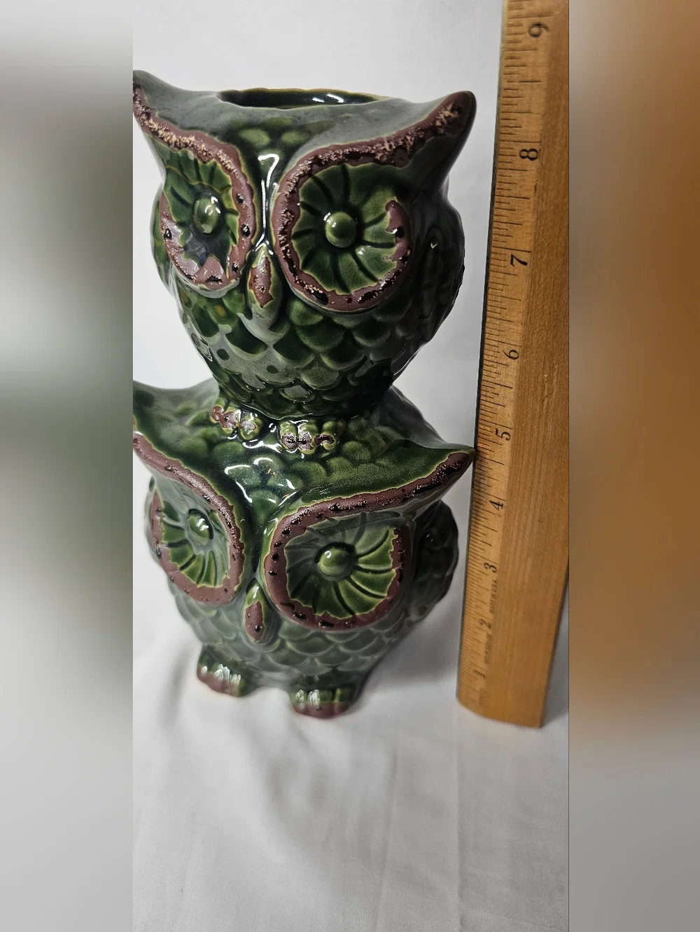 Pier 1 Imports Green Glazed Ceramic Double Owl Vase Figurine Boho Decor 8.5